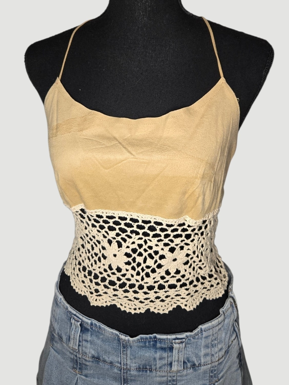Y2k Faux Suede Beige Boho Crochet Cami Top!